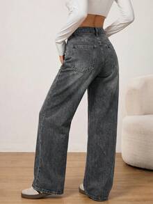 SHEIN PETITE 秋冬女款休閒度假水洗復古寬版米色水洗牛仔緊身牛仔褲，小個女款 - 灰色 - 查看 9