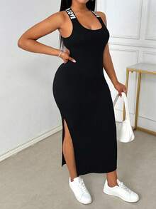 SHEIN LUNE 女士无袖露背高腰开衩字母印花连衣裙 - 黑色 - 查看 4