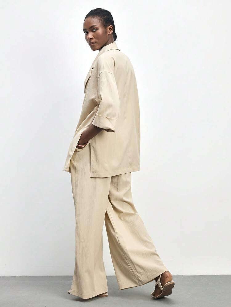 SHEIN Maija Women's Light Beige Double-Breasted Blazer And Pants Suit,Summer Casual Minimalist Office Outfits,Resort Vacation Graduation Party Set