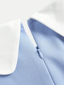 SHEIN Pitira Teen Girl & Teen Girls' Spring/Summer/Autumn Blue Knit Collared Button Contrast Color Waist Fit & Flare Dress, Elegant & - Blue and White - View 8