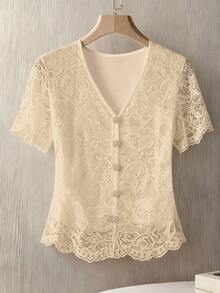 GlowEve Women's V-Neck Lace Trim Casual Versatile Daily Wear Blouse - Khaki - View 7
