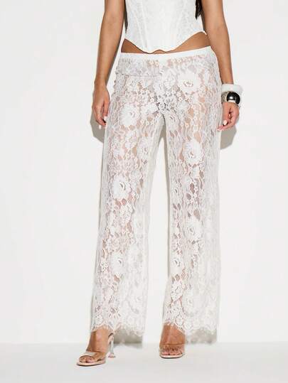 KIZN Women White Lace Wide Leg High Rise Palazzo Pants With Intricate Floral Pattern And Fringe Hem Detail