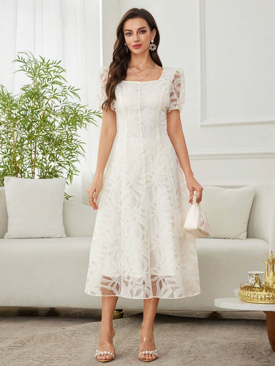 Modelyn Đầm dài nữ thanh lịch bằng ren Pháp, thắt eo. - Màu be - Xem 1
