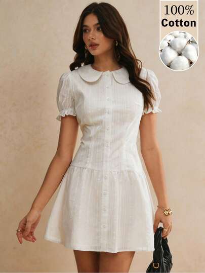 Poéselle Đầm ngắn tay cánh hoa cổ Peter Pan dành cho nữ, cài một hàng cúc.