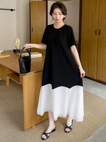 SHEIN 青少年女孩寬鬆休閒圓領短袖A字拼接雙層雪紡撞色黑白夏季派對洋裝 - 黑色 - 查看 5