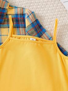 Vintaside Kids 3件套少女格子衬衫、背带裤套装、春夏时尚牛仔短裤、吊带背心、开衫三件套 - 黃色 - 查看 6