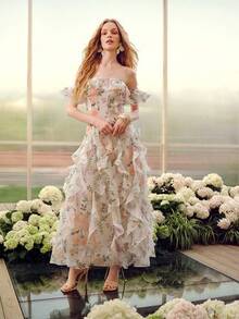 MOTF Soiréza ELEGANT WOMEN'S OFF-SHOULDER MAXI PARTY GOWN IN WHITE BASE WITH SOFT PURPLE, ORANGE & PINK RANDOM FLORAL PATTERNS ACCENTED BY GREEN FOLIAGE - White - View 4