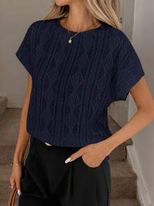 Áo thun nữ tay ngắn cổ tròn chất liệu vải dệt họa tiết, màu be, thích hợp cho mùa hè. - Xanh đậm - Xem 3