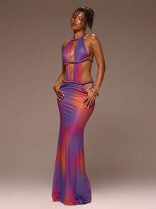 MUSERA Ombre Printed Rope Detail Cut Out Maxi Dress Girly Spring Summer Vacation Night Out Cute Occassion Golden Sands - Purple - View 1