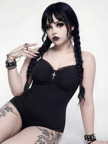 Goth Áo tắm liền thân cỡ lớn dành cho nữ, đồ bơi mùa hè gợi cảm với viền ren. - màu đen - Xem 3