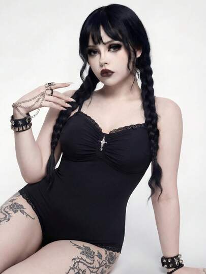 ROMWE Goth 大码女士连体泳衣，性感蕾丝边夏季度假泳装