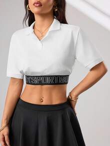 Easithlete Women's Fashion Minimalist Letter Print Contrast Color Cropped Sports Polo Shirt,Black And White,Summer,Casual,Golf Y2k Gym Cover Up Graphic Crop Top - White - View 5