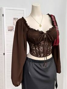 Comfortcana Plus Size Women Lantern Sleeve Lace Patchwork Square Collar Padded Romantic Blouse, Suitable For Dates And Parties, Autumn/Winter - Brown - View 4