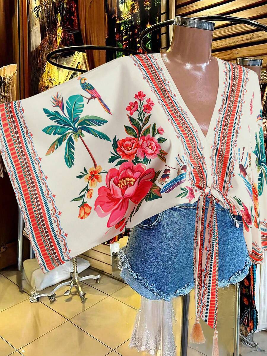 Franclia Chemise décontractée de vacances à la plage pour femmes grandes tailles, col en V, imprimé floral nomade, couleur contrastée, élégante, rétro, avec nœud papillon - Multicolore - Voir 1