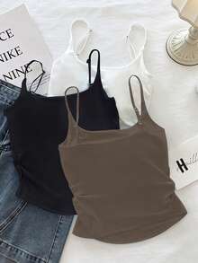 Resyla 3pcs/Set Summer Casual Solid Color Camisole - Brown - View 2