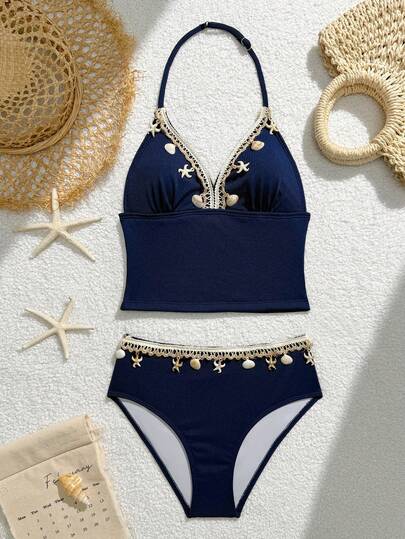 SHEIN Tankinis para niñas preadolescentes - Tela acanalada azul marino con decoración de concha y estrella de mar, tirantes ajustables, Bottom triangular separada