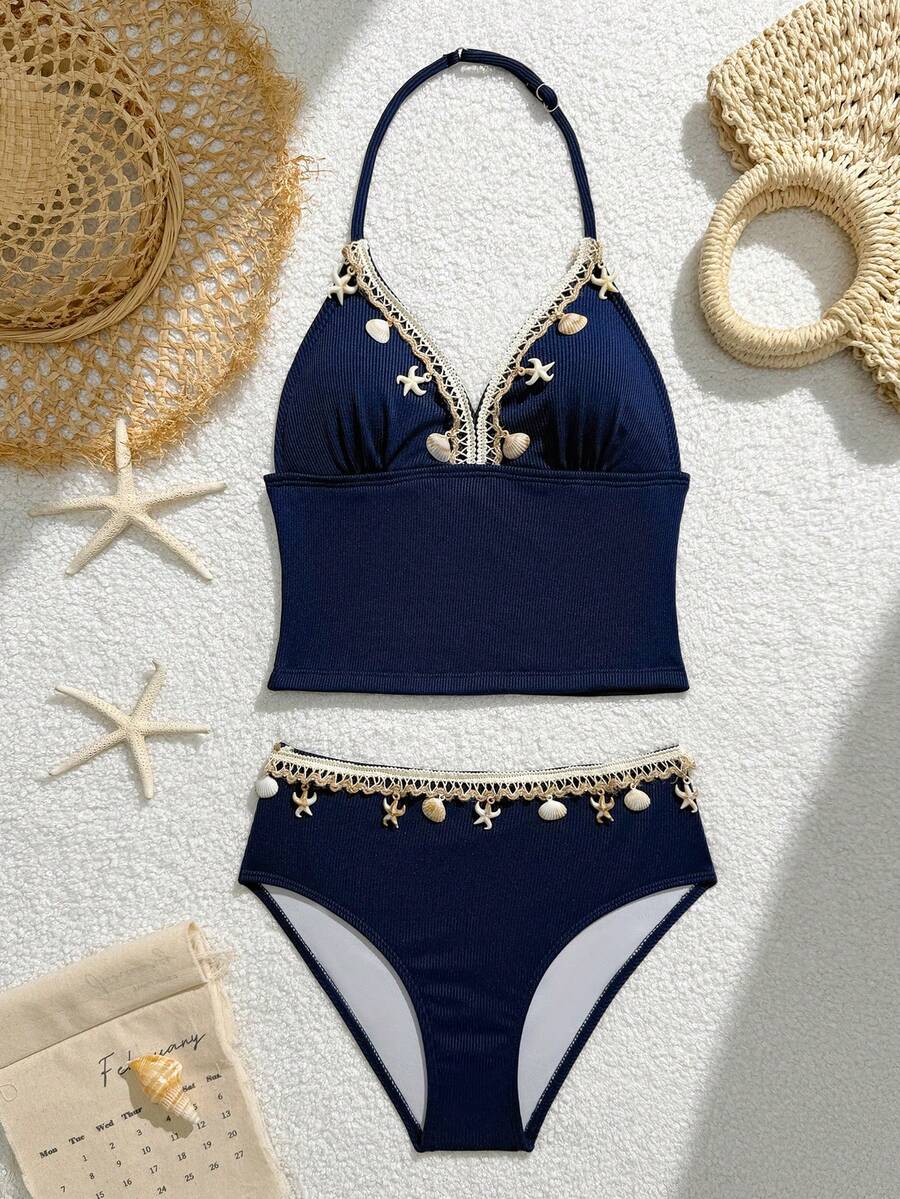 SHEIN 少女坦克背心式泳衣 - 海军蓝罗纹面料，饰有贝壳和海星图案，可调节细肩带，独立三角泳裤 - 藏蓝色 - 查看 1