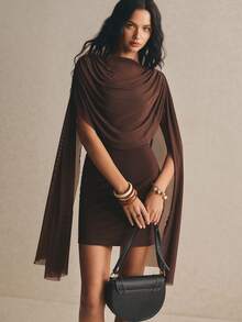 Poéselle 女士优雅时尚简约纯色垂褶领修身迷你连衣裙 - 咖啡棕 - 查看 8
