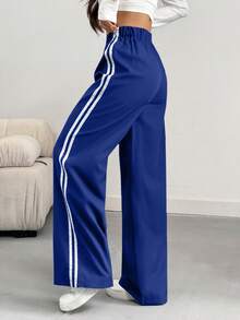 SHEIN Women's Casual Striped Patchwork Side Slit Wide Leg Pants, Spring/Summer - Blue - View 2