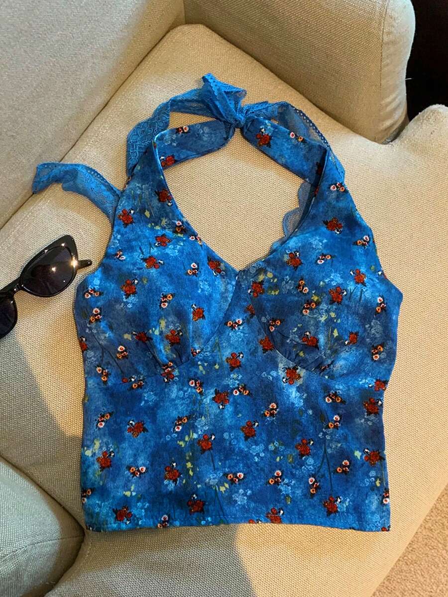 Resyla 女士碎花吊带度假背心 - 藍色 - 查看 1