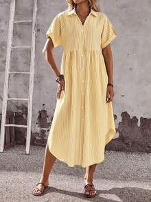 EMERY ROSE Đầm ngắn kẻ sọc vạt lệch không đối xứng dành cho nữ, phong cách thường ngày - Màu vàng - Xem 5