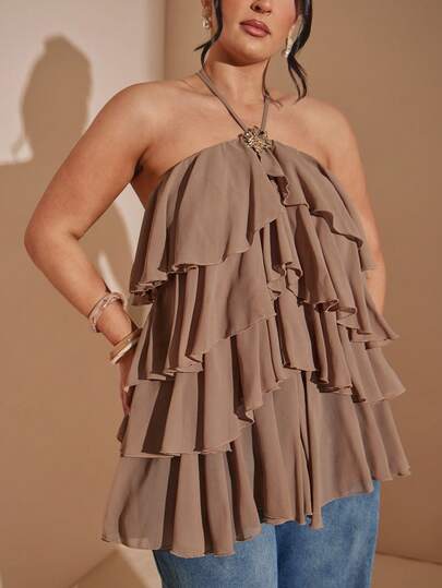 SHEIN BAE Plus Size Layered Ruffle Neck Floral Decor Blouse