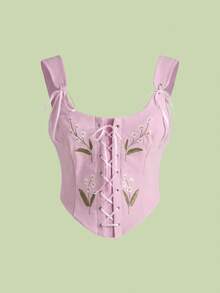 ROMWE Fairycore Plus Size Floral Embroidered Vintage Palace Style Camisole And Tank Top - Pink - View 1
