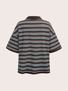 SHEIN ICON Set de 2 piezas con camiseta de polo de cuello holgado a rayas de contraste azul y morado en estilo minimalista casual, y shorts a juego, adecuado para primavera/verano, estilo universitario, temporada deportiva - Multicolor - Ver 5