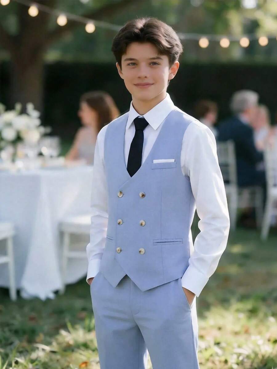 SHEIN Set 2 buc. Ținută pentru adolescent/băiat, include vestă slim fit albastru deschis și pantaloni eleganți texturați albastru deschis. Ținută elegantă și luxoasă pentru ziua de naștere, nuntă, invitat la nuntă, pajă, băiat de onoare.