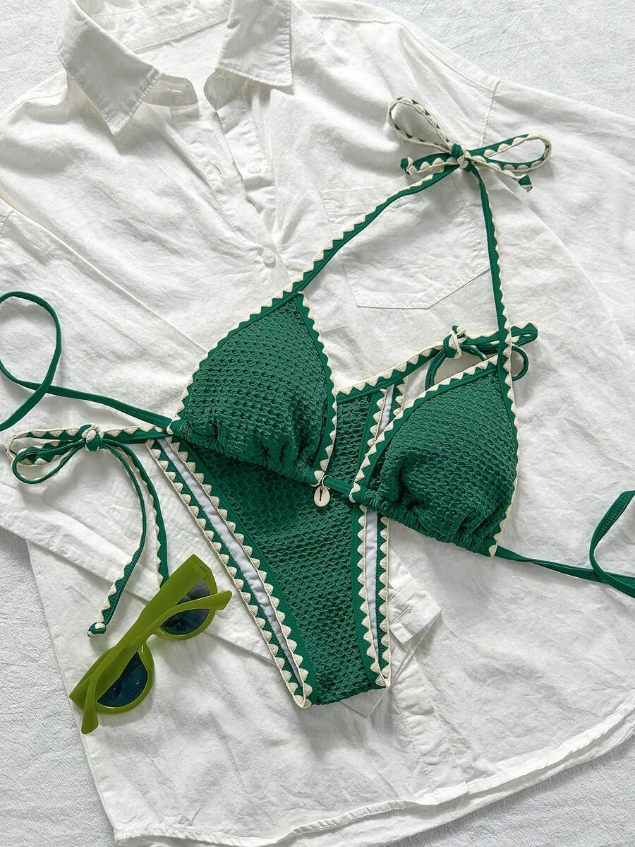 Swim Mod 女士夏季纯色提花面料荷叶边系带两件式比基尼套装 Zestiva泳装比基尼套装 女士Yummy Control泳衣 钩针编织泳衣 女士比基尼 Alt比基尼套装 女士比基尼套装 泳装 沙滩日光浴比基尼套装 女士假日绿色泳衣 - 綠色 - 查看 1