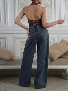 Criza Taa 女式性感时尚街头度假西部风格 PU 皮革露背系带前拉链吊带上衣，夏季 - 巧克力棕 - 查看 2