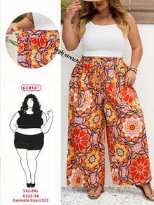 SHEIN CURVE+ Quần ống rộng dáng rộng họa tiết da báo dành cho nữ cỡ lớn, có bèo nhún, thắt dây phía trước và túi, phong cách boho, thích hợp cho kỳ nghỉ. - Nhiều màu - Xem 1