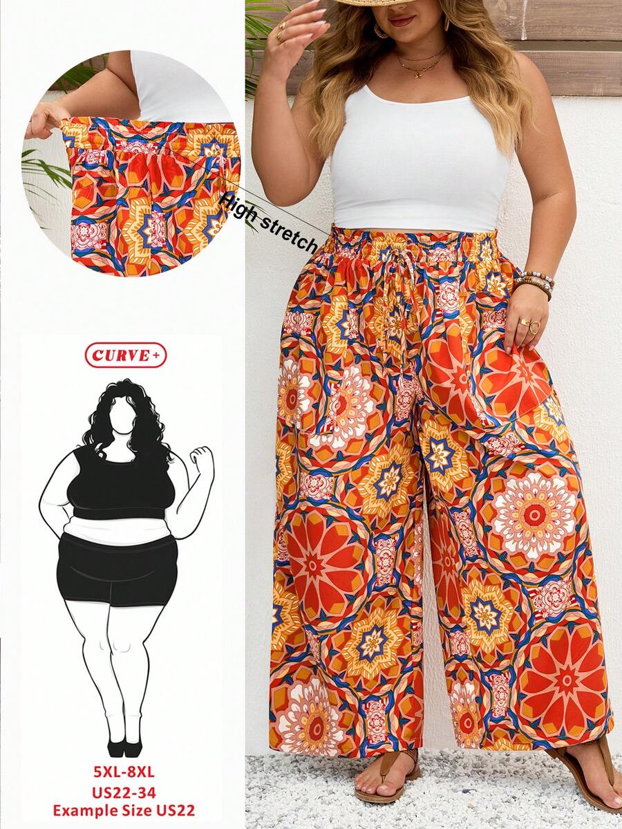 SHEIN CURVE+ Quần ống rộng dáng rộng họa tiết da báo dành cho nữ cỡ lớn, có bèo nhún, thắt dây phía trước và túi, phong cách boho, thích hợp cho kỳ nghỉ. - Nhiều màu - Xem 1