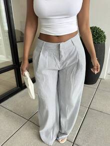 Alexandranx Women's Y2k  Low Waist  Loose Fit Wide Leg Floor Length Pants  Grey Vertical Stripe Pants - Grey - View 3