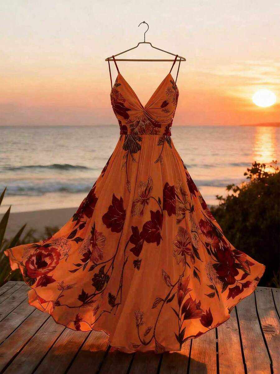 GlowEve 女士碎花扭结休闲度假连衣裙 - 橘色 - 查看 1