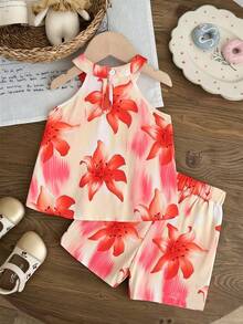 SHEIN Bộ đồ 2 mảnh thời trang mùa hè cho bé gái 4-7 tuổi, họa tiết hoa dâm bụt, gồm áo hai dây và quần short. - Đỏ - Xem 4