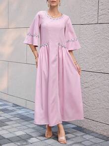Al Najma 女士法式粉色蕾丝宽松修身连衣裙，法式仙女裙 - 粉色 - 查看 6