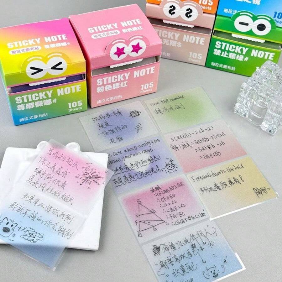 105 Transparent Pearlescent Sticky Notes - Gradient Color Cartoon Eyes Design, Smooth Writing Surface And Strong Adhesive, Suitable For Home Office School Organization, Decorative Stationery Supplies, Notepads, Study Aids, Interesting Patterns, High-Quality Paper, Workspace Organization, Premium Stationery, For Creative Professionals - Pearlescent - View 1