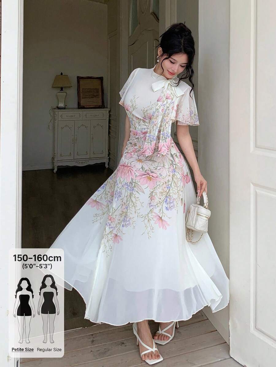 Modelyn Petite Women's Elegant Floral Print Tie Neck Flutter Sleeve Waist Cinched Midi Dress, Suitable For Summer Afternoon Tea And Dates - Multicolor - View 1