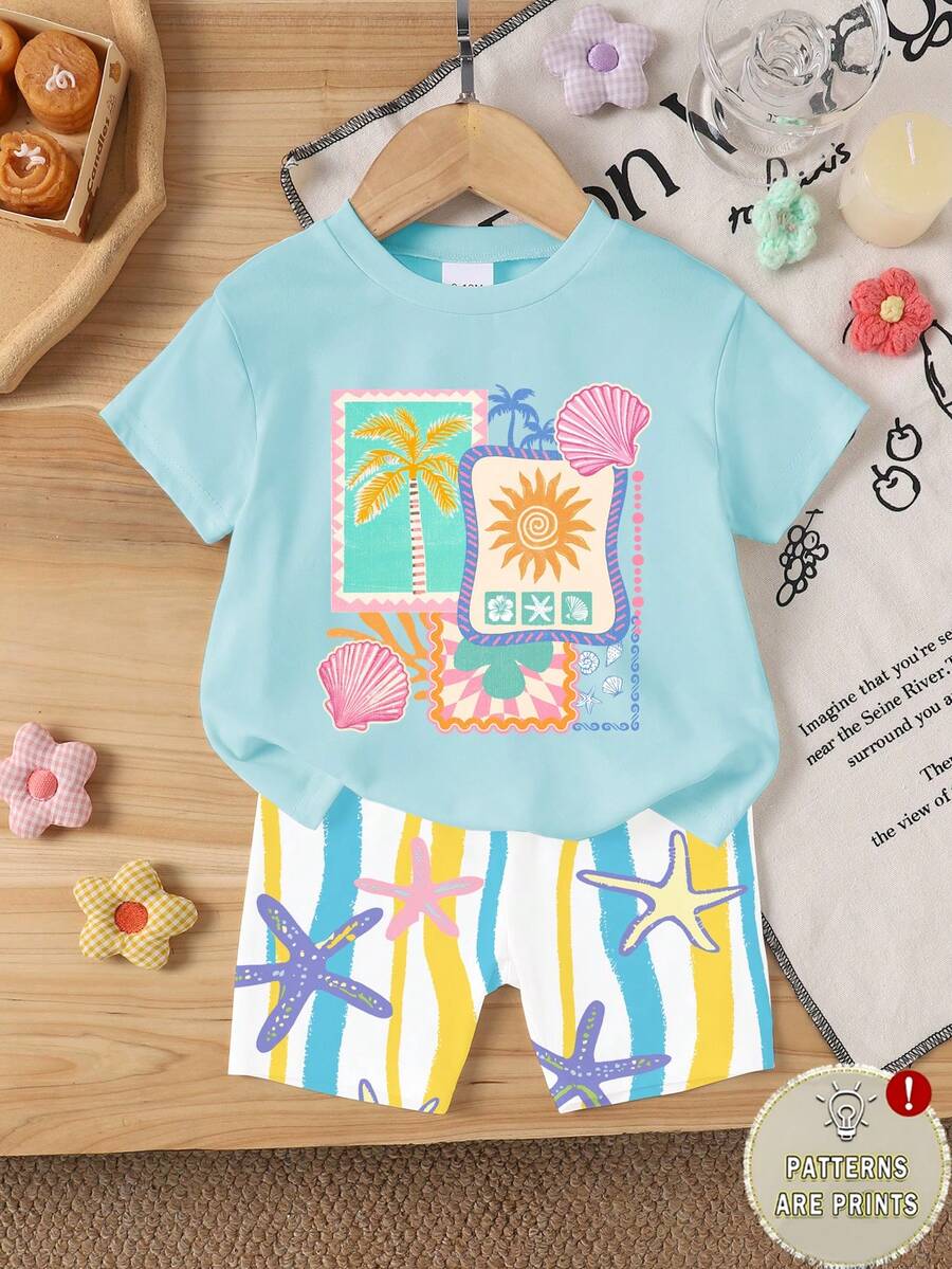 2pcs Baby Girl Vacation Style Fresh Sunshine Coconut Tree Shell Geometric Print Short Sleeve Top T-Shirt And Colorful Wave Sea Star Print Shorts Set, Suitable For Outdoor Summer - Multicolor - View 1