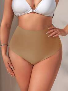 SHEIN 1pc Plus Size Women Seamless High Waist Briefs - Brown - View 4