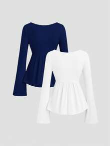Sweetra Women's Fashionable Elegant Slimming Comfortable Long Sleeve Versatile 2 Pieces T-Shirt Set - Multicolor - View 2