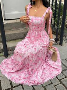 Sunnyshic Đầm hai dây họa tiết hoa dành cho nữ, kiểu dáng nghỉ mát, thắt eo. - Hồng - Xem 1