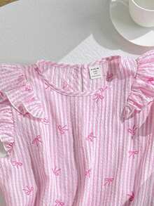 SHEIN 青少年女孩休閒極簡舒適圓領荷葉邊上衣與長褲兩件套 - 粉色 - 查看 4
