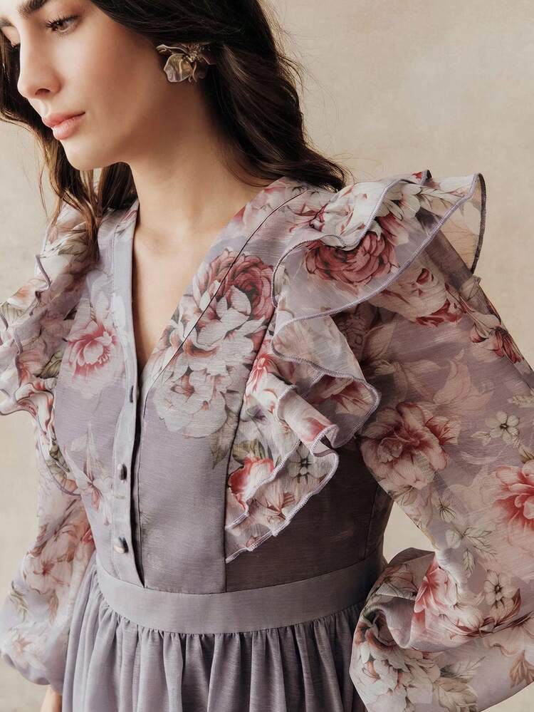 Spring/Summer New Arrival Women's Romantic Elegant Ruffle Waist Floral Print Dress, Suitable For Vacation, Party, Valentine's Day, Beach And Other Occasions