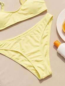 SHEIN Swim 2件套女士时尚可爱度假性感沙滩/泳池/派对纯色可调节细肩带超细比基尼上衣和下装泳衣套装 - 黃色 - 查看 5