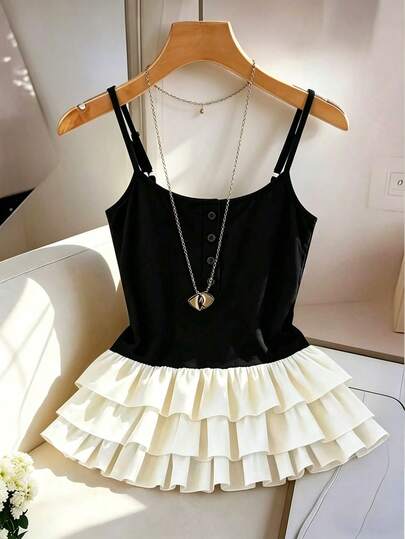 Franclia Áo tank top dệt kim kiểu Pháp thanh lịch màu đen trắng, thiết kế cài nút phía trước, viền bèo nhún, mềm mại và duyên dáng, đa năng cho công sở, đi học, văn phòng, phù hợp cho cả dịp trang trọng và thường ngày, màu sắc cổ điển vượt thời gian, mẫu áo mùa hè mới dành cho nữ.