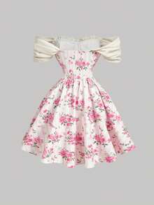 SHEIN MOD Pink Rose Floral Off‑Shoulder Sweetheart Corset Dress With Ruffle Trim And Lace‑Up Tie Front - Fit‑And‑Flare Mini For Garden Picnic, Cottagecore Vacation, Party, Date Night & Wedding Guest Picnic & Party Pink Floral Dress, Off‑Shoulder Dress, Corset Dress, Ruffle Trim, Lace‑Up Front, Fit‑And‑Flare, Cottagecore, Garden Picnic, Date Night, Wedding Guest - Pink - View 5