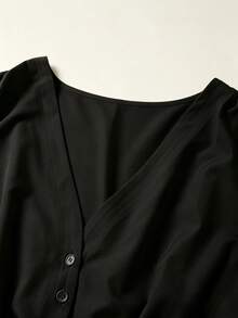 GlowEve CURVE French Elegant Solid Color V-Neck Long Sleeve A-Line Dress - Black - View 6