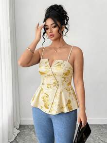 Elenzga Áo hai dây cỡ lớn kiểu Trung Quốc mới, in họa tiết ánh kim, cổ chữ V sang trọng, không tay, thích hợp cho tiệc mùa hè, tiệc chiêu đãi, dáng ôm. - Màu be - Xem 2